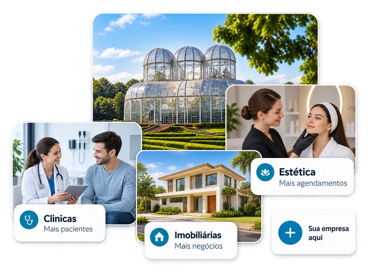 Exemplos de segmentos atendidos pela LeadVista em cards sobrepostos